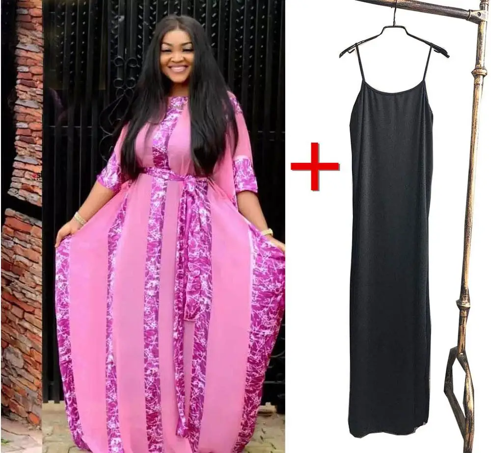 pink two-piece Стиль, классическое Африканское женское платье, Дашики, Модное шифоновое свободное платье с большим рукавом летучая мышь, пояс, цифровой принт, платье, свободный размер - Цвет: pink two-piece