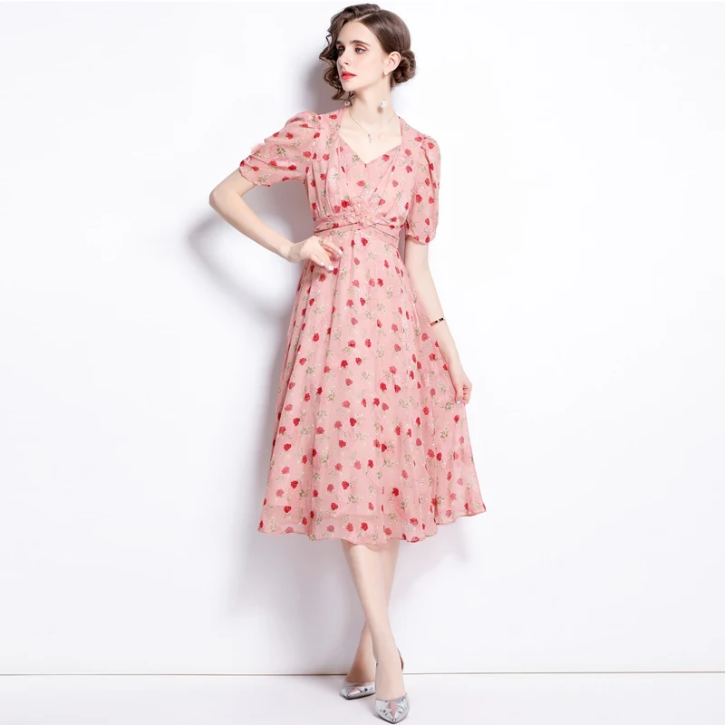 

Vestidos De Fiesta 2022 Summer High Quality Beach Midi Dress Ｖ-Neck Pink Floral-Print Elegant Party Vacation Puff Sleeve Dresses