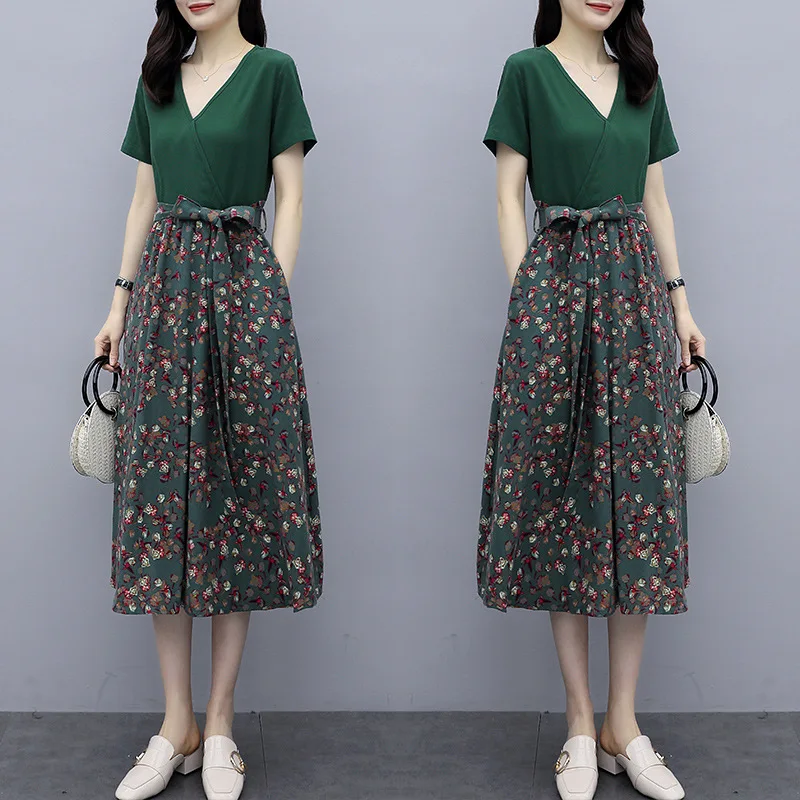 

Floral dress 2020 summer new women's dress looks thin V-neck and waistband tie cotton and hemp dress