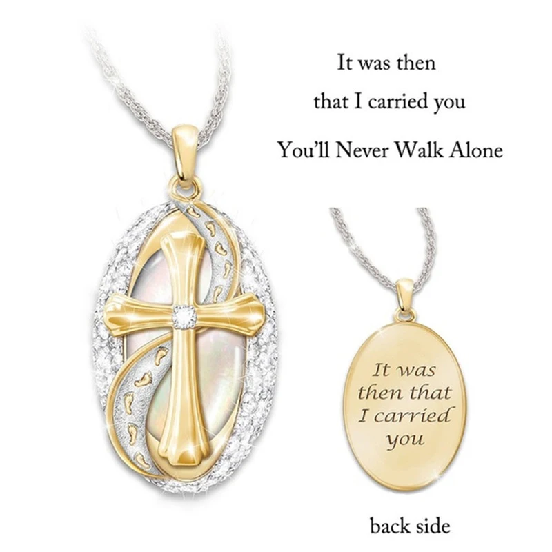 

Itenice Religious Printed Necklace For Women Footprints Crystal Cross Blessing Pendant Necklaces Plated Creative Gold Necklace