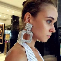 new fashion womens shiny rhinestone square pendant hanging earrings jewelry hot selling model show dress crystal earrings gift