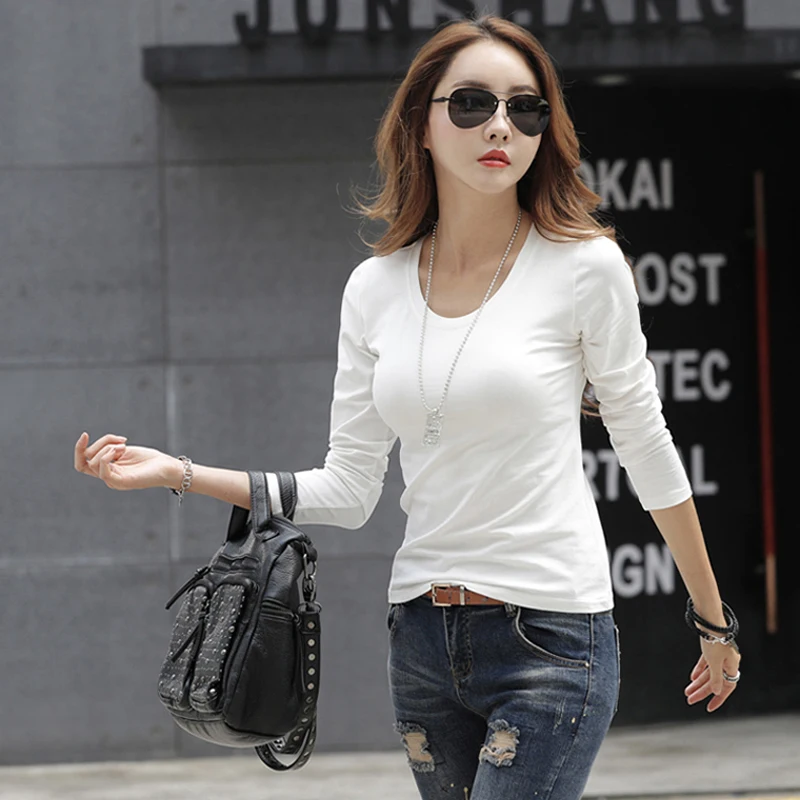 Осень зима новые футболки с длинными рукавами О образным вырезом женская