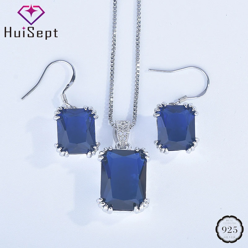 

HuiSept Jewelry Set 925 Silver Earrings Necklace Geometric Shaped Sapphire Gemstone Ornaments for Women Wedding Party Wholesale