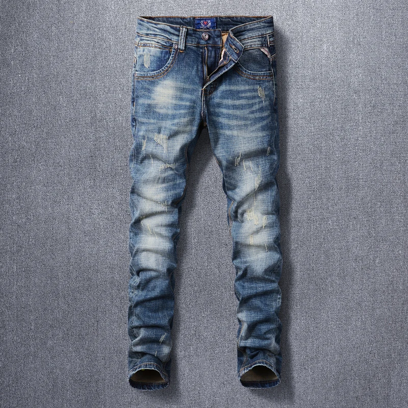 

Italian Style Fashion Men Jeans Retro Blue Elastic Slim Fit Scratch Ripped Jeans Men Vintage Designer Stretch Casual Denim Pants