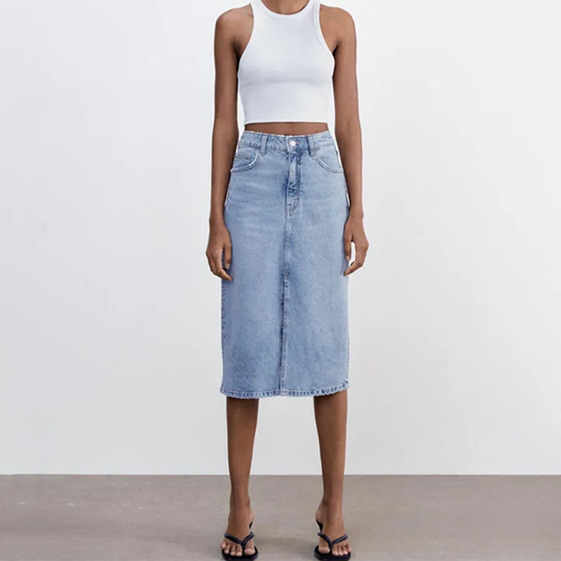

High Street Washed Forking High Waist Straight Sexy Denim Skirt Women Faldas Mujer Moda 2021 Long Skirts Womens