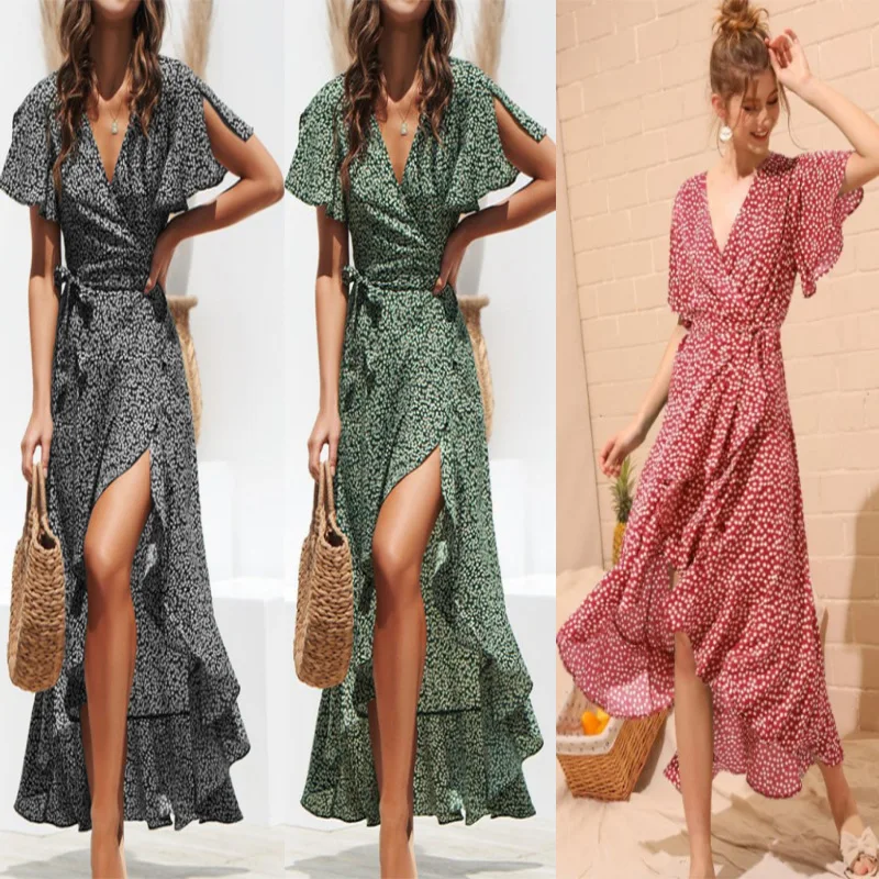 

Summer Beach Maxi Dress Women Floral Print Boho Long Chiffon Dress Ruffles Wrap Casual V-Neck Split Sexy Party Dress Robe