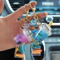 new cartoon cute cat car keychain creative milk tea cup liquid crystal quicksand sequin key ring bag pendant for women