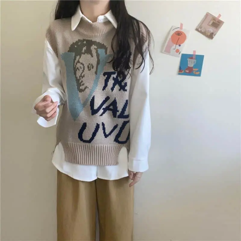 

2021 Spring Autumn O-neck Sweater Knitted Vest Korean Tops for Women Clothing Oversized Vintage Sleeveless Kawaii Punk Pullover