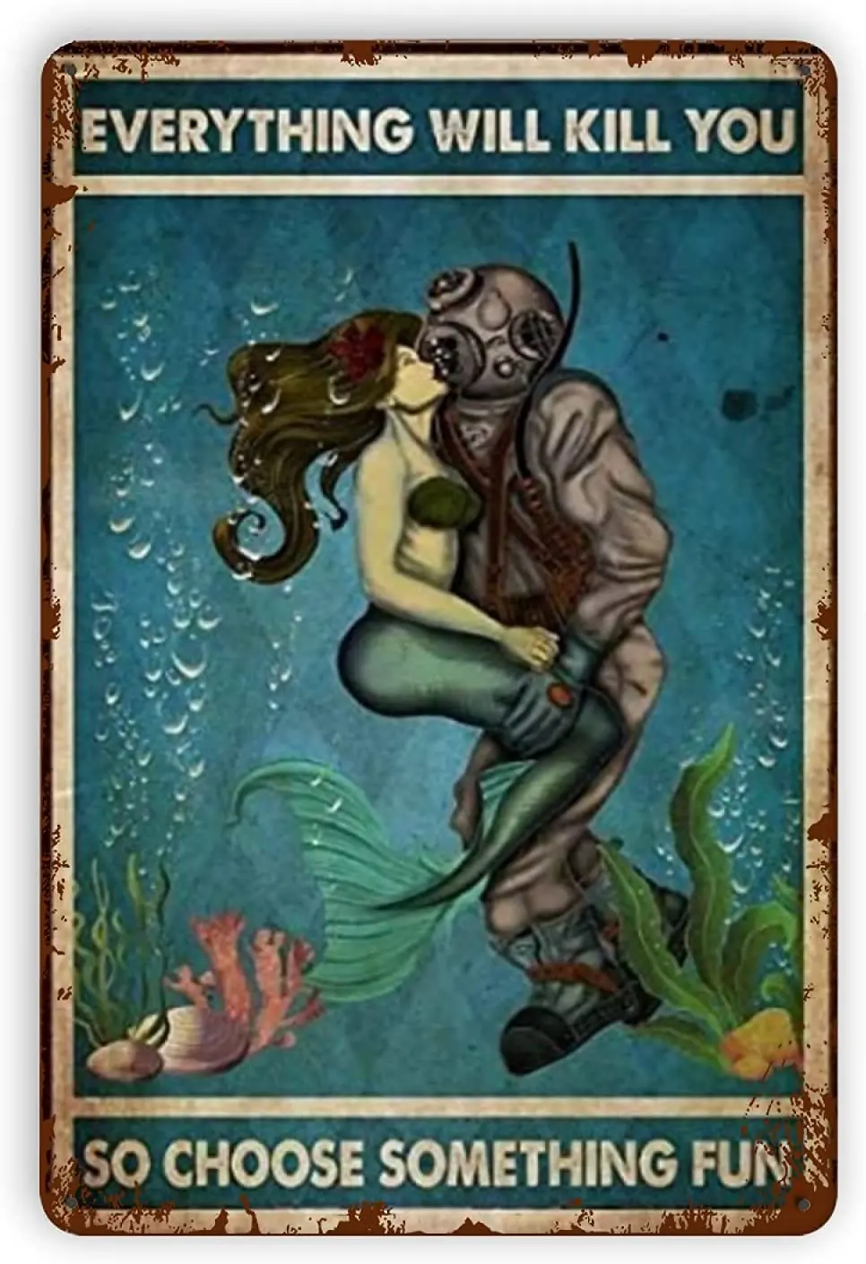 

Decor 8x12 Inches Vintage Metal Tin Signs Diver and Mermaid Tin Sign Wall Plaque Wall Art Funny Gifts for Man Cave Cafes Bar