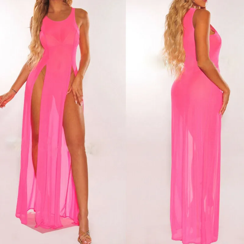 

Sexy Mesh Cover Up Dress Women Solid Sleeveless Mesh Sheer Beach Bikini Cover Up Split Long Maxi Dress Sundress Mesh Cover Up