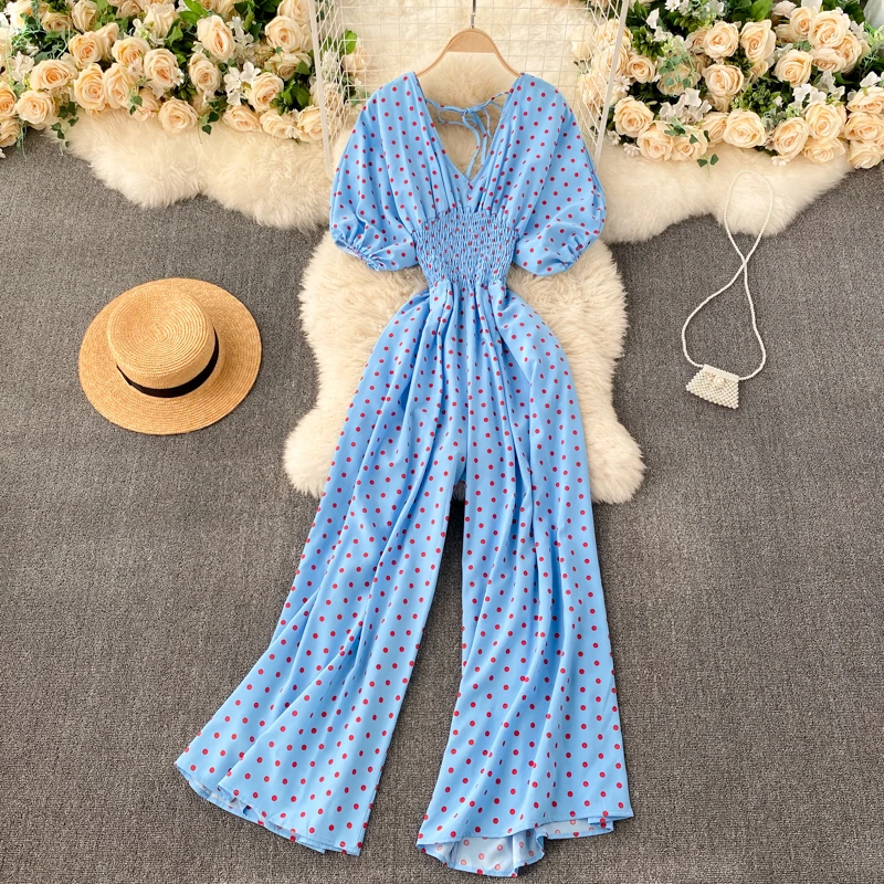 

Elastic Waist Wide Leg Romper Casual V-Neck Pocket Holiday Beach Overalls Women Summer Polka Dot Puff Sleeve Jumpsuit