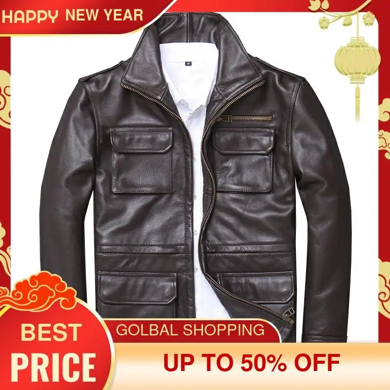 

2021 Brown Men Smart Casual Leather Jacket Four Pockets Plus Size 5XL Genuine Natural Cowhide M65 Style Autumn Coat