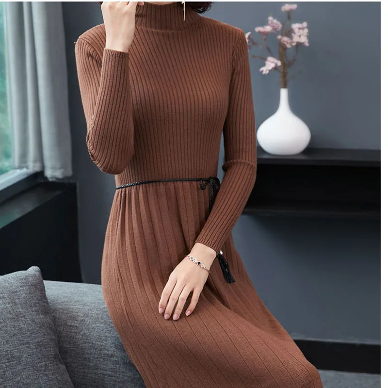 Корейские Модные осенние облегающие Женские вязаные платья женское Полосатое