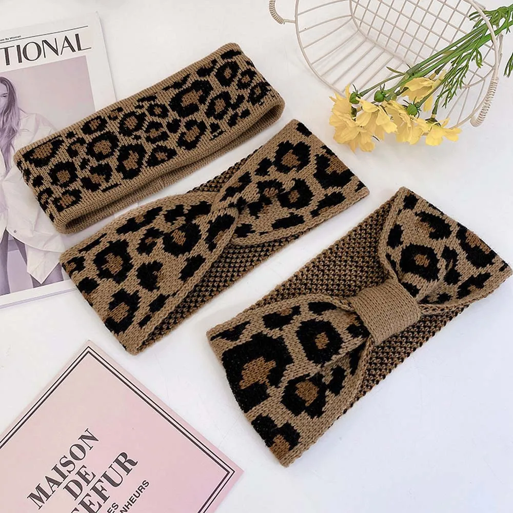 Леопардовая повязка на голову с бантом модные зимние теплые трикотажные повязки
