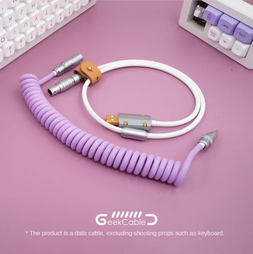 GeekCable Hand-made Customized Keyboard Data Spiral Line Rear Aviation Plug Lavender Purple + White for Mechanical Keyboard