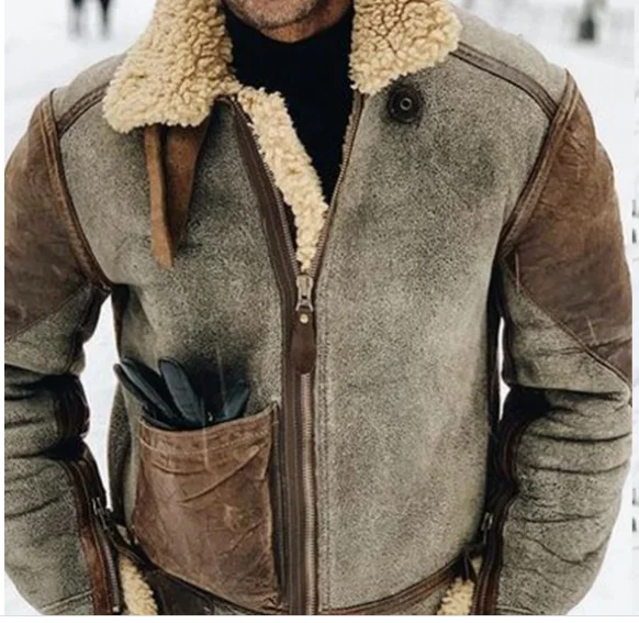 

Winter Snow Men's Coat Lamb Wool Thick Warm Fur Collar Zipper Vintage Style Casual Europen And America Style Quality Male Jacket