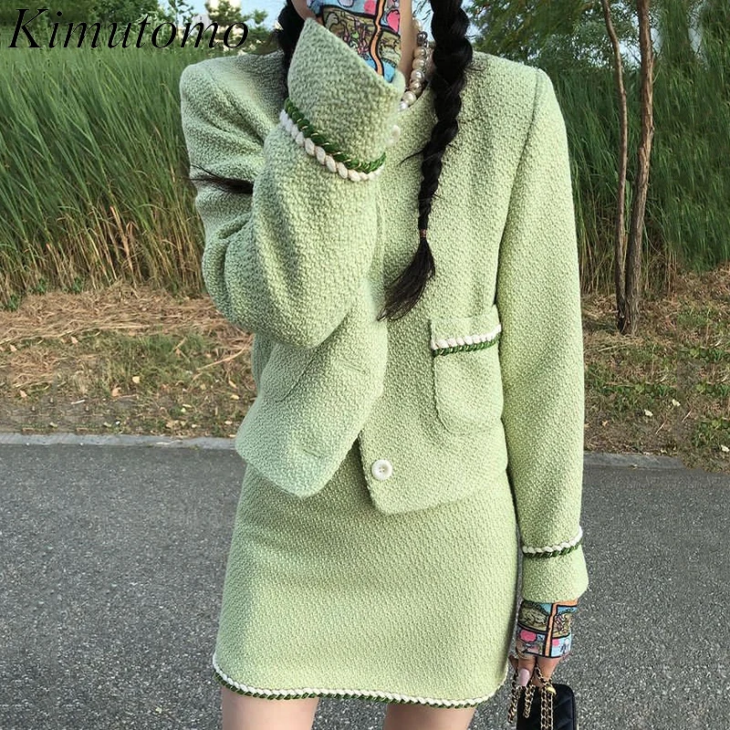 

Kimutomo Women Sets 2021 Korea Autumn Simple Ladies Round Neck Single-Breasted Woven Tweed Jacket High Waist Bag Hip Skirt Suit