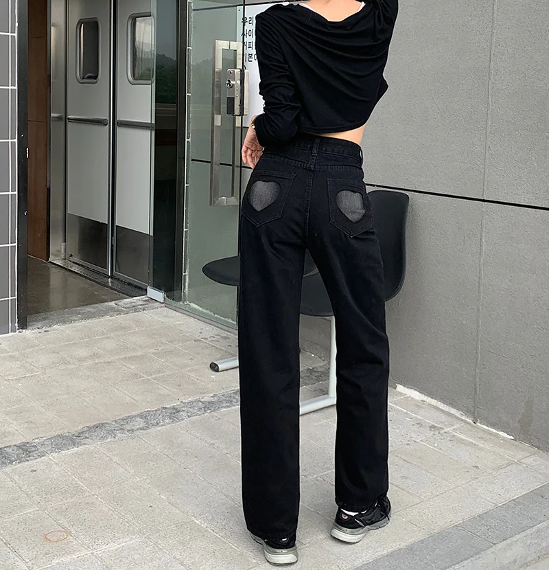 

Women's Fashion Traf Spring 2021 Women's High Waist Baggy Straight Jeans with A Pattern Embroidery Harajuku Aesthetic Streetwear