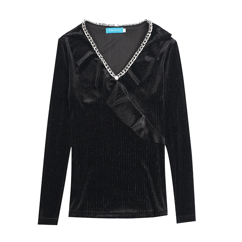 

2021 Spring New Fashion Solid Slim Long Sleeve Bottom Shirt V-Collar Ruffles Womens Tops and Blouses Sexy Ladies Shirt 8140 50