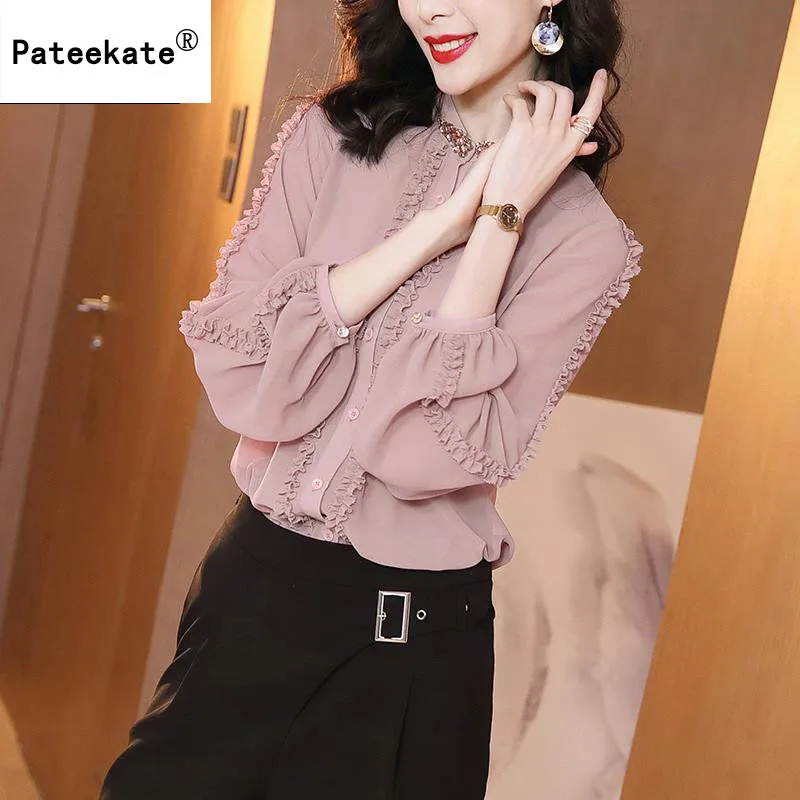 Женские топы и блузки однотонная белая шифоновая блузка Офисная рубашка тонкие