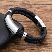 tyo new fashion stainless steel braided black genuine leather bracelet men magnetic rope punk accessories luxury jewelry
