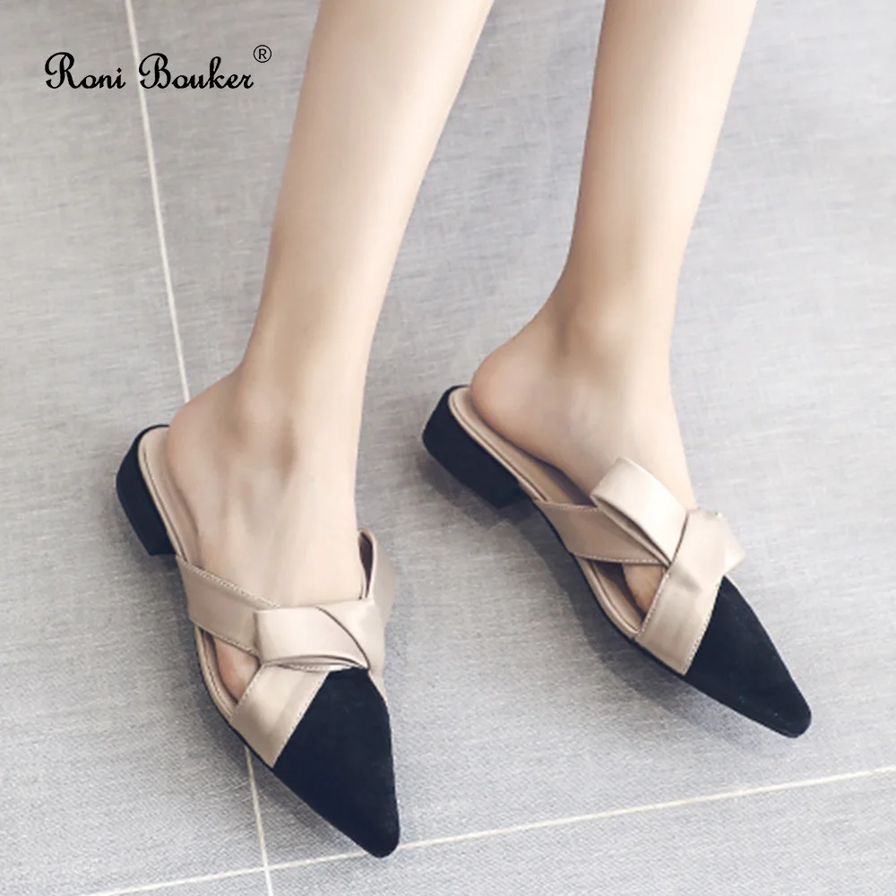 Roni Bouker/женские тапочки женские туфли без задника из флока с бантиком модные на