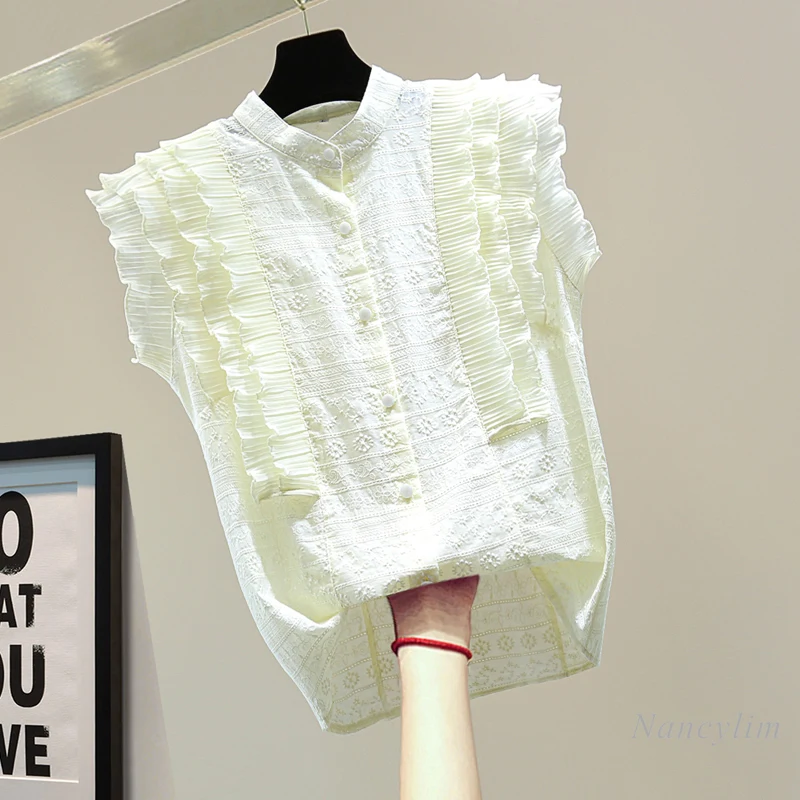 

Lace Embroidered Pleated Cotton and Linen Shirt Woman 2021 Summer Chiffon Ruffles Stitching Hollow-out Sleeveless Blusas Femme
