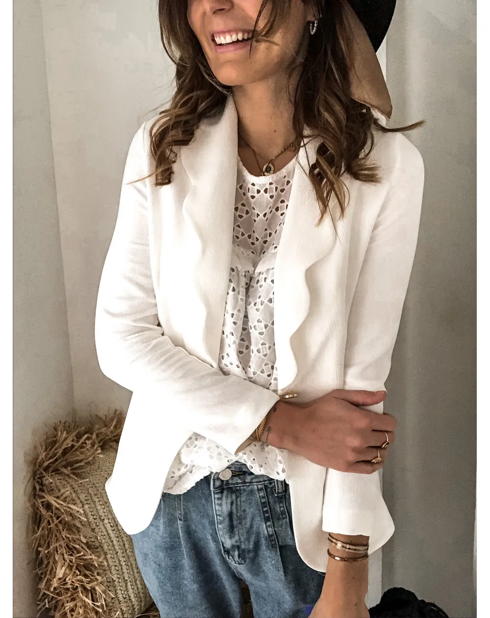 

Women Solid Color Blazers New Fall Spring Office Lady Suit Business Casual Long Sleeve Wave Lace Collar Single Button Blazer