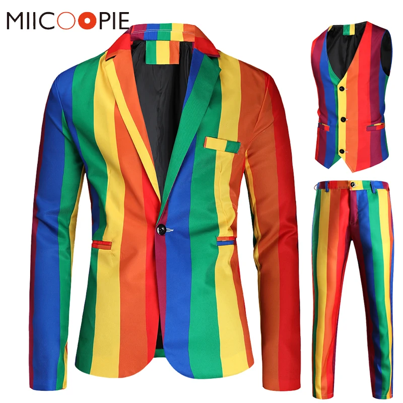 Blazer Set Men Rainbow Striped Print Blazer+Pants+Vest 3 Pieces Prom Suits For Men 2021 Costume Homme Party Blazer Masculino 4XL