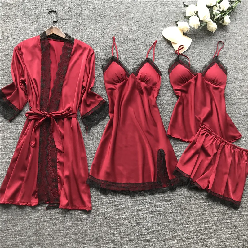 4pc Pijama Set Women'S Silk Robe Sleepwear Lace Satin Gown Pajamas V-Neck Nightie Wear Home Clothes Nightwear Summer Nightdress