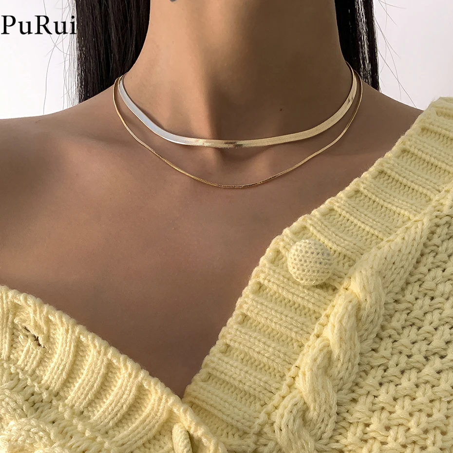 

PuRui PuRui Multi Layered Charm Women Snake Chain Choker Necklace Gold Color Flat Herringbone Chokers Collar Necklace Jewelry