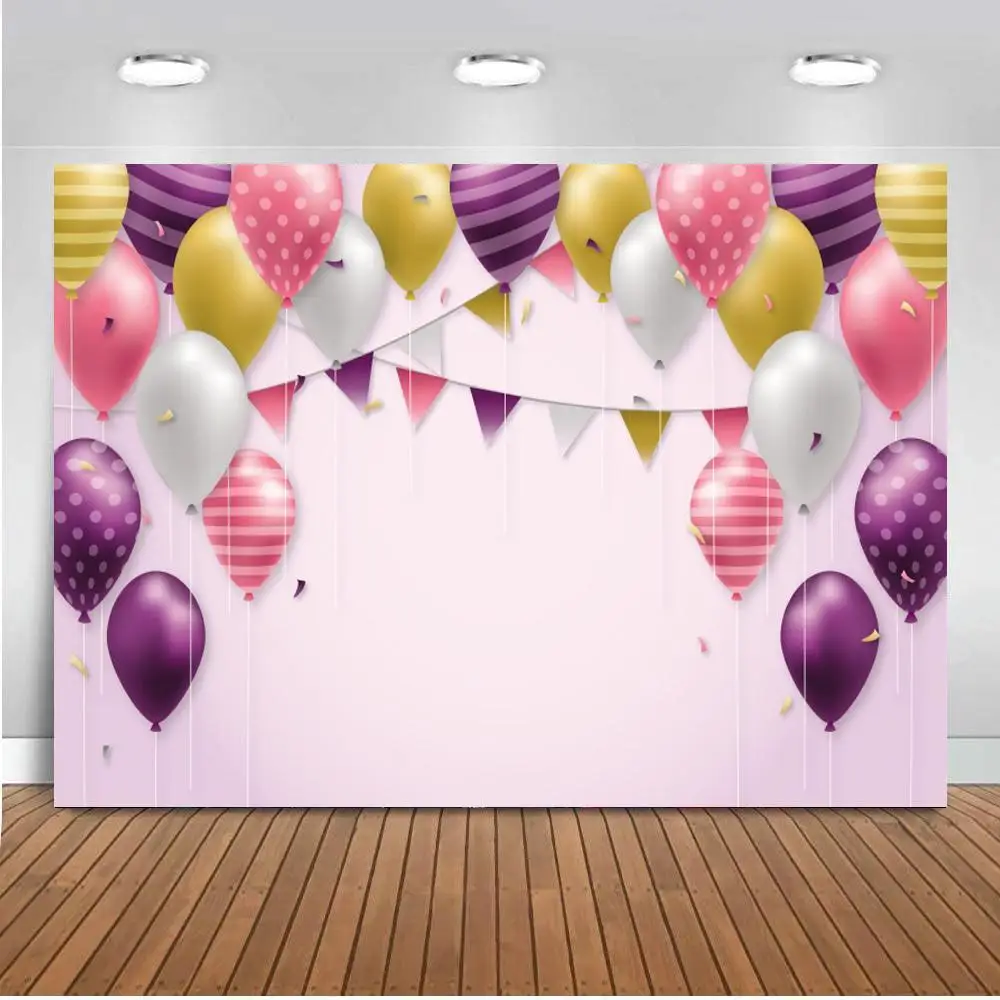 

Flying Balloons On Top Flag Banner Birthday Party Photo Backgrounds Newborn Baby Kids Cake Smash Table Wall Backdrops Decor