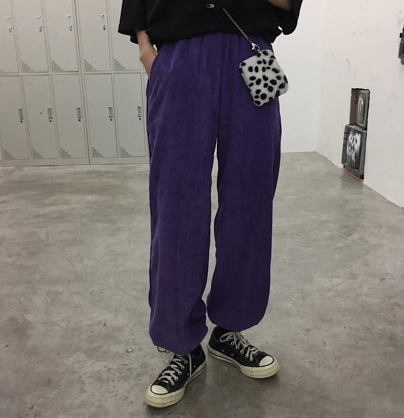 

Woman Man Harajuku Elastic High Waist Pant Summer Fashion Purple Corduroy Loose Jogger Hip Hop Harem Streetwear Korean