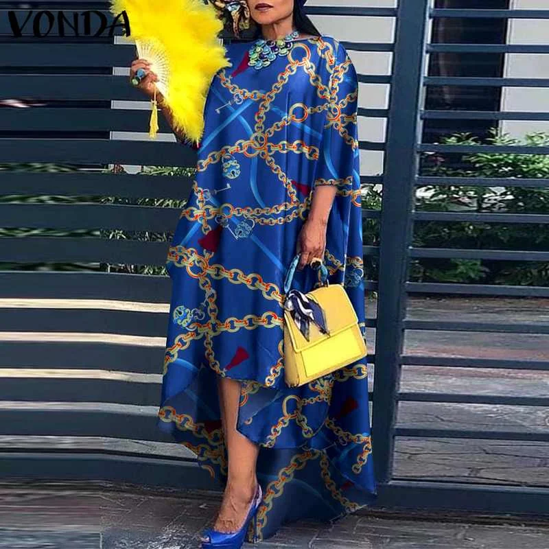 

Women Fashion Dress 2021 VONDA Casual O Neck Pleated 3/4 Sleeve Long Maxi Dress Printed Asymmetric Hem Party Vestido Oversized
