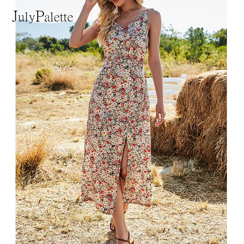 

JulyPalette Vintage Floral Dress Sexy Woman Spaghettistrap Backless Split Midi Sundress Summer Holiday Beach Female Vestidos