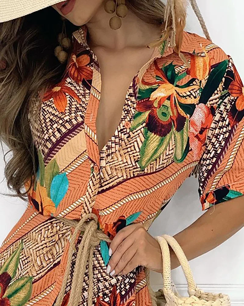 

Women's 2021 New Color Printed Shirt Dress-Belt Belt