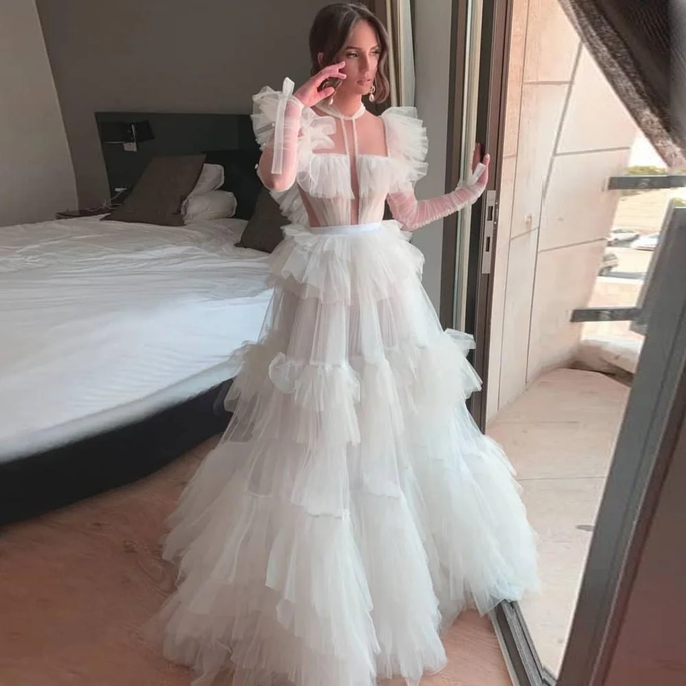 White Tulle Dress Long Sleeves Formal Party Dresses Puffy Ruffled Tulle A Line Gowns For Wedding Robe de soiree Custom Made