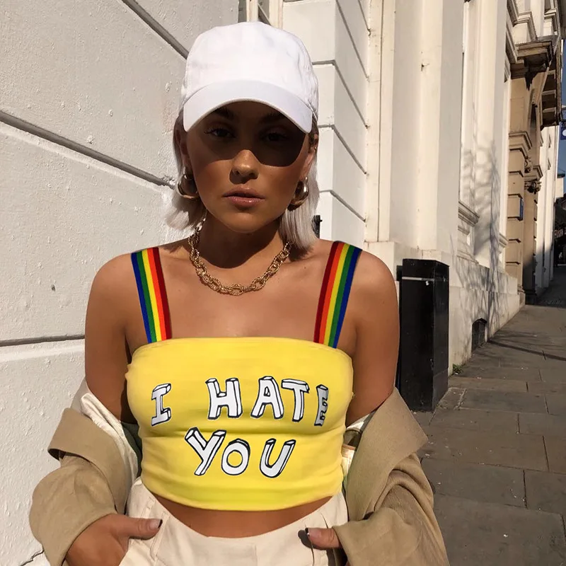 Майка женская с радужным принтом Модный облегающий топ на бретелях в Корейском