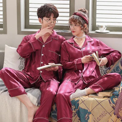 Весенняя полосатая пара пижамный комплект для женщин ледяная Шелковая пижама с