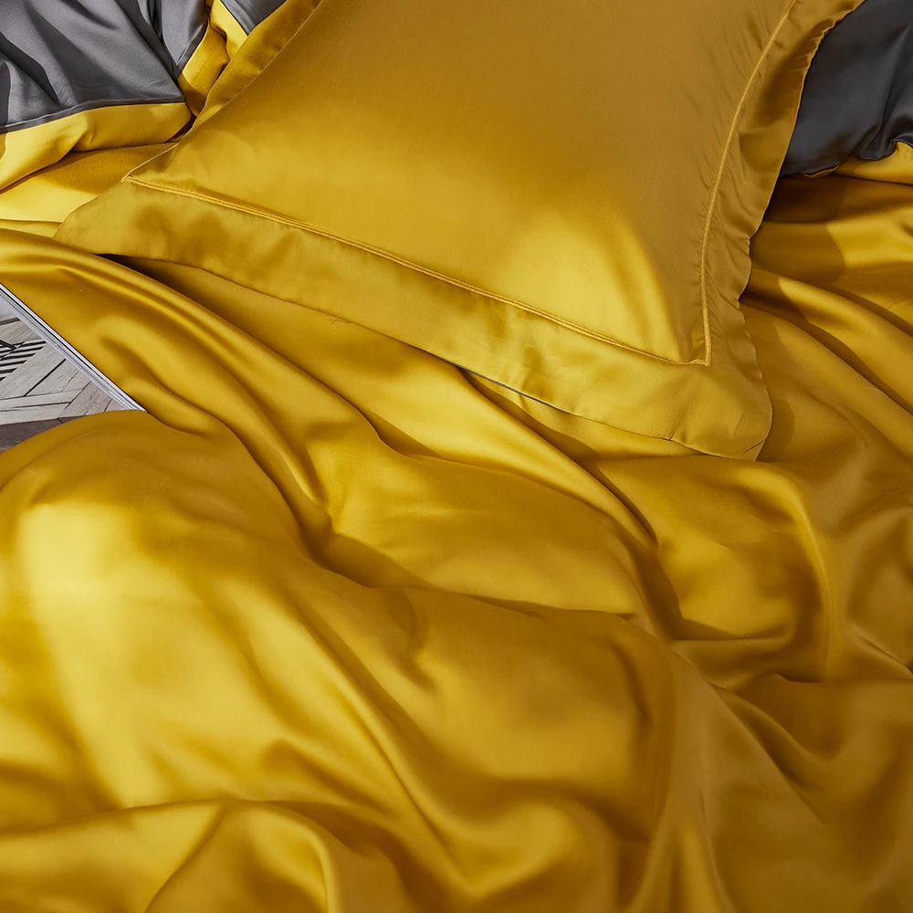 Роскошный комплект постельного белья Suaker из 100% шелка желтый и серый цвета
