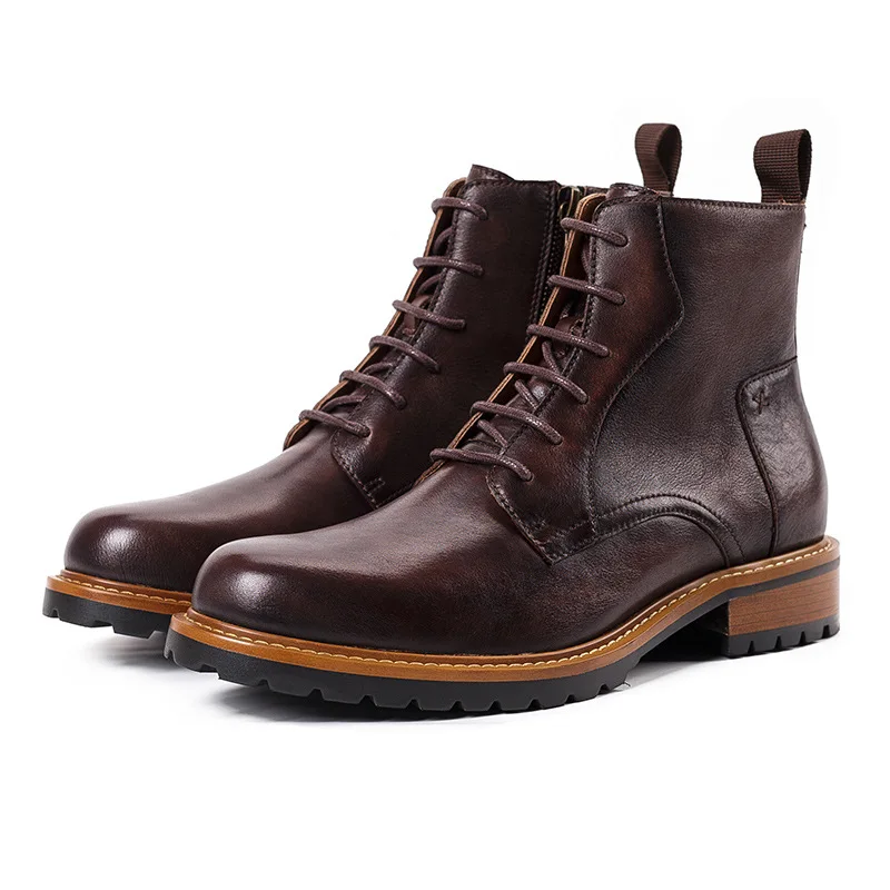 Boots Winter Genuine Leather Winter Warm Shoes With Fur Retro Style Lace Up Handmade Ankle Green Botas For Male