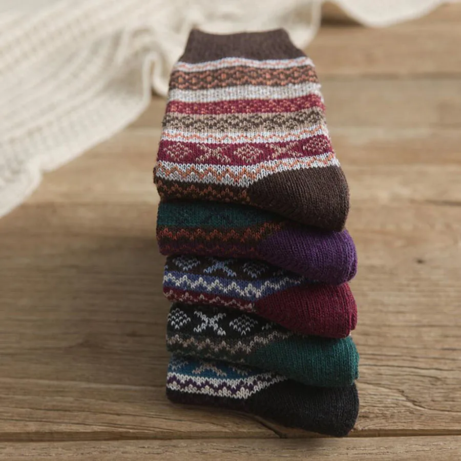 New Autumn Winter Women Wool Socks Thickened Warm Cashmere Cotton Sock Retro Colorful Ladies Towel Dress Socks 5pair
