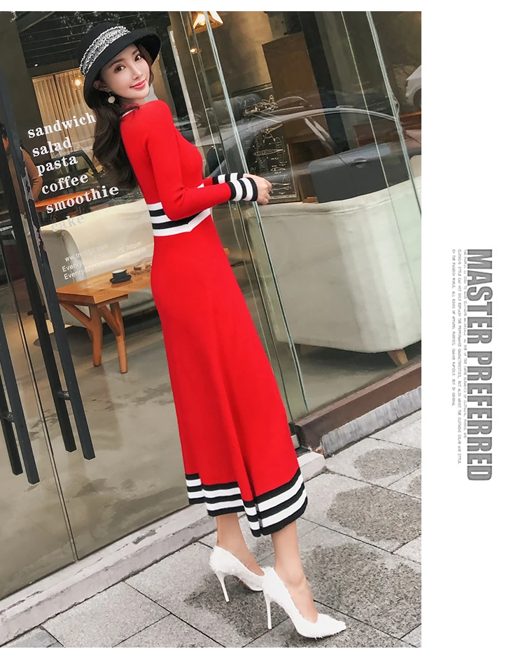 Женское трикотажное платье в полоску Красное Длинное Платье составного кроя с