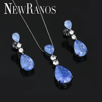 violet-black plated Newranos серьги-гвоздики в форме капли воды и ожерелье с кулоном, вечерние Ювелирные наборы, подарок для женщин SFX003912 - Окраска металла: violet-black plated