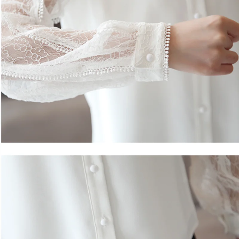

Korean Women Blouse Shirts White Blouses for Women Long Sleeve Blouses Ladies Lace Tops Woman Chiffon Blouse Hollow Out Shirts