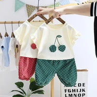 1 4age girl clothes summer two piece fashion printed short sleeved sweatshirt t shirt seven points pants cotton child clothins