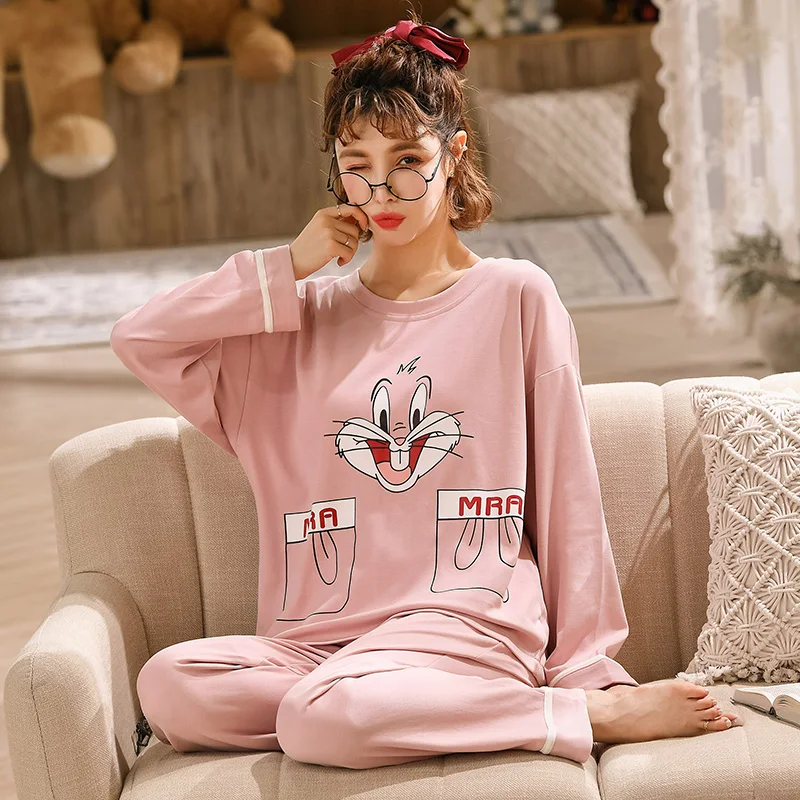 Foply Cartoon 100% Cotton Pajamas Set Women Pajama Pyjamas Sleepwear Nightwear Pink Pijama Mujer Home Wear Long Pants Nightsuit