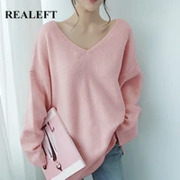realeft autumn winter solid v neck warm womens knitted pullover sweater 2021 new long sleeve casual loose sweaters female tops