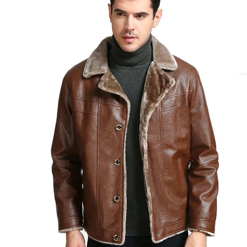 Мужская пушистая куртка из искусственной кожи толстая коричневая плюшевая