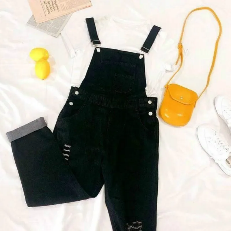 Jumpsuits Women Hole Pocket Korean Style Chic All-match Streetwear Leisure Solid Soft Casual Denim Womens Daily New Fashionable |